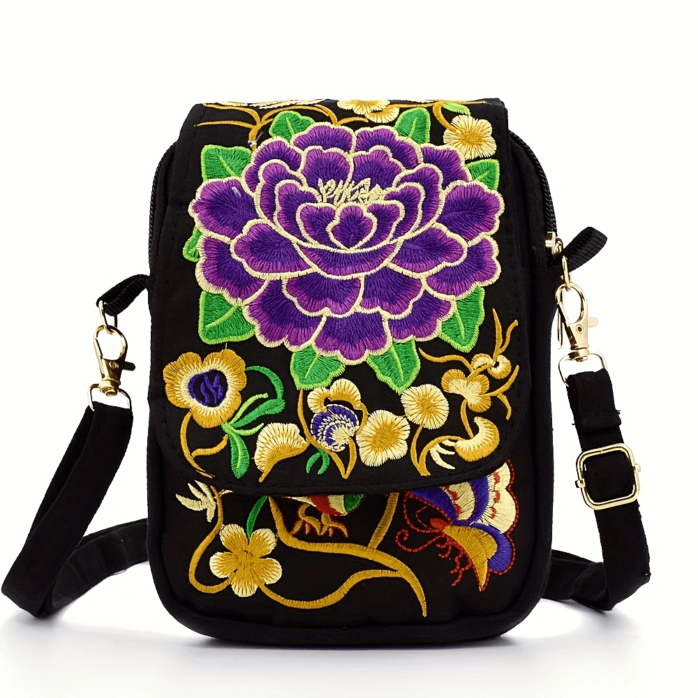 Sac Bandoulière Brodé Femme - Mini Sac Épaule Léger Motif Floral Géométrique Fermeture Éclair