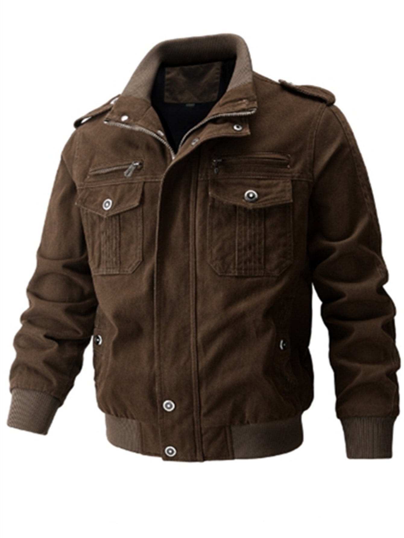 Veste Motard Homme Rétro Multi-Poches - Col Montant Vert Olive Cargo Automne/Hiver Lavable
