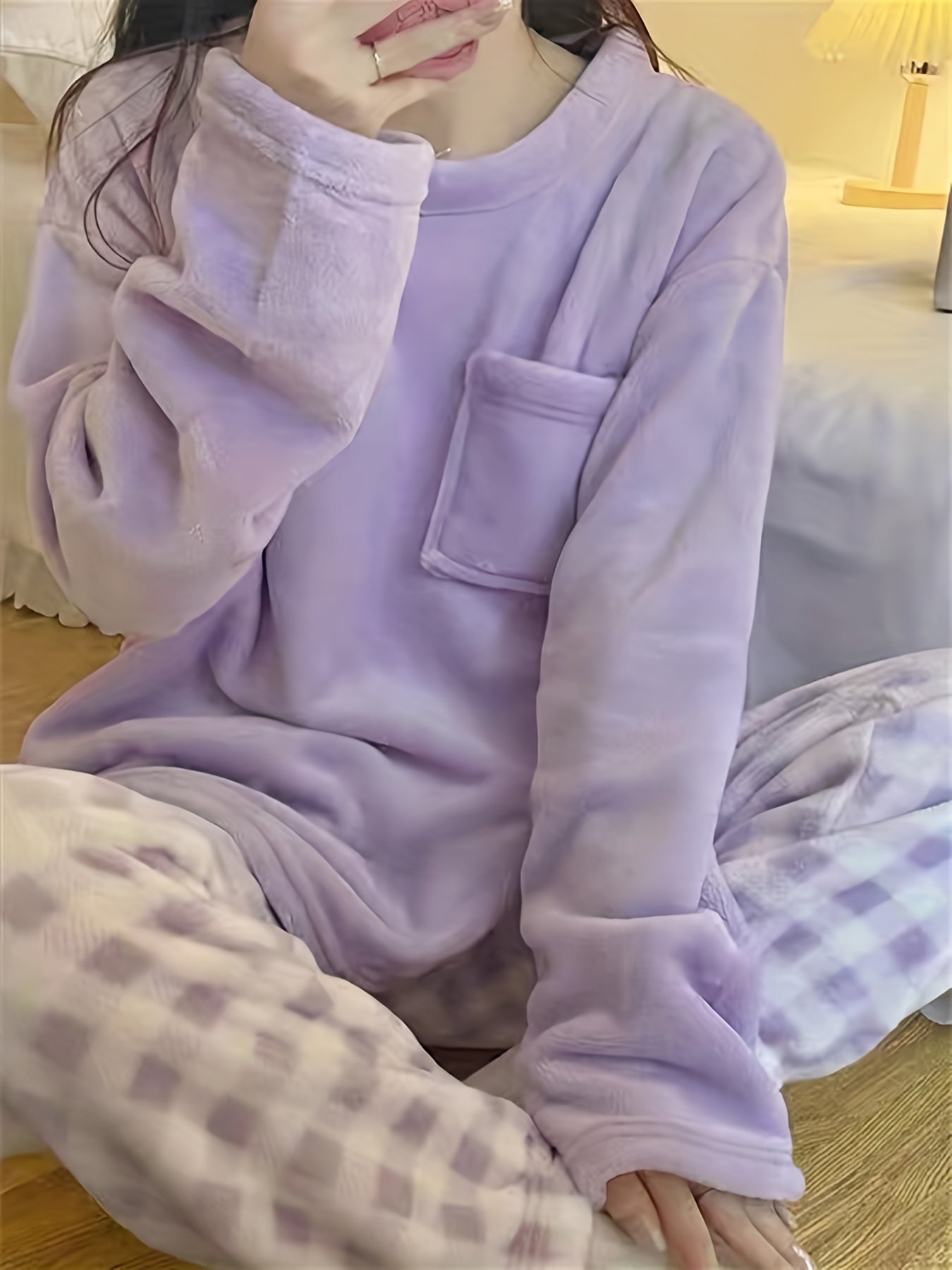 Pyjama Velours Hiver Chaud Femme - Motif Carreaux Ensemble Maison Confortable