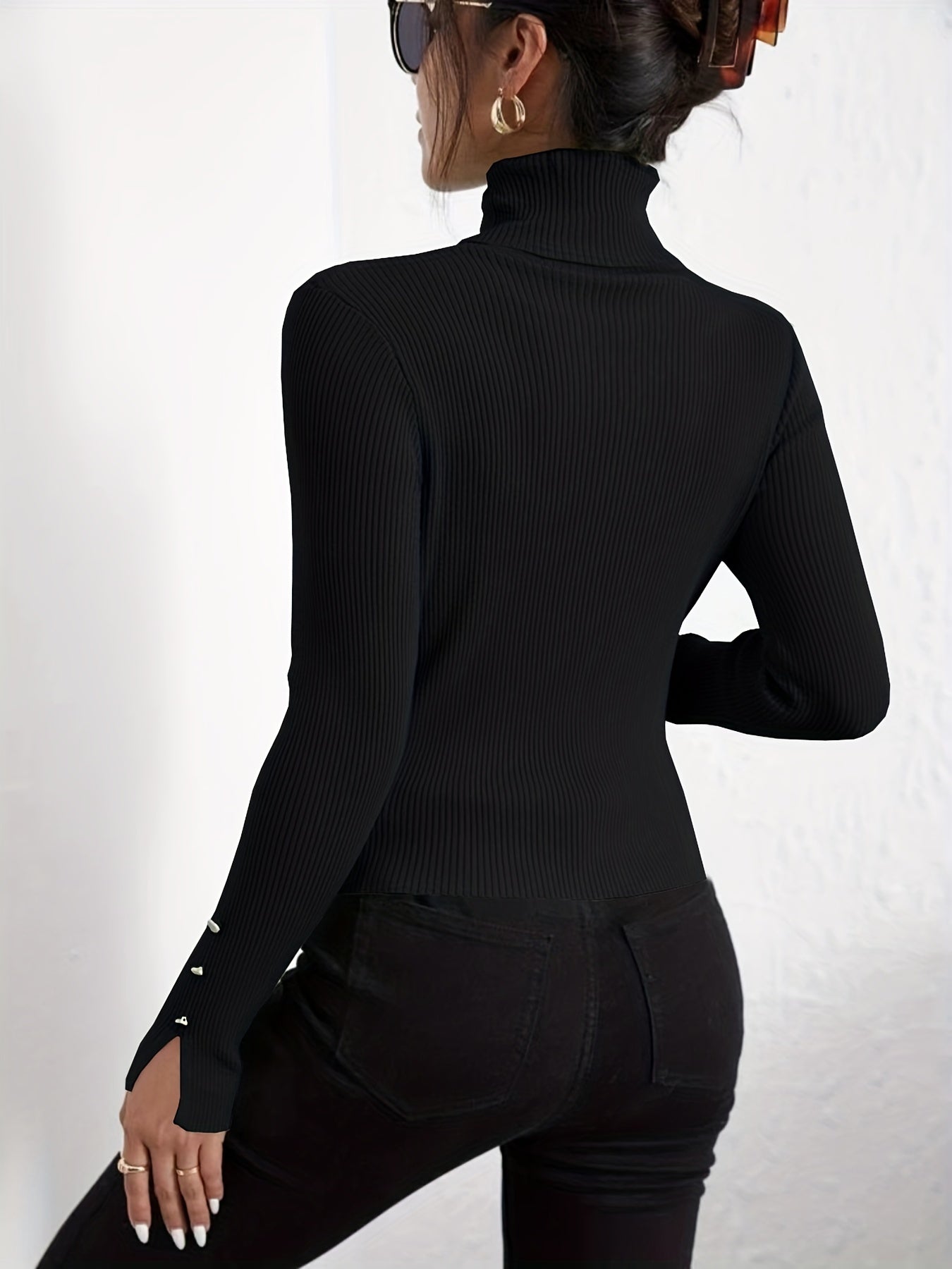 Pull Col Roulé Uni Femme - Manches Longues Faux Boutons Slim Automne Hiver