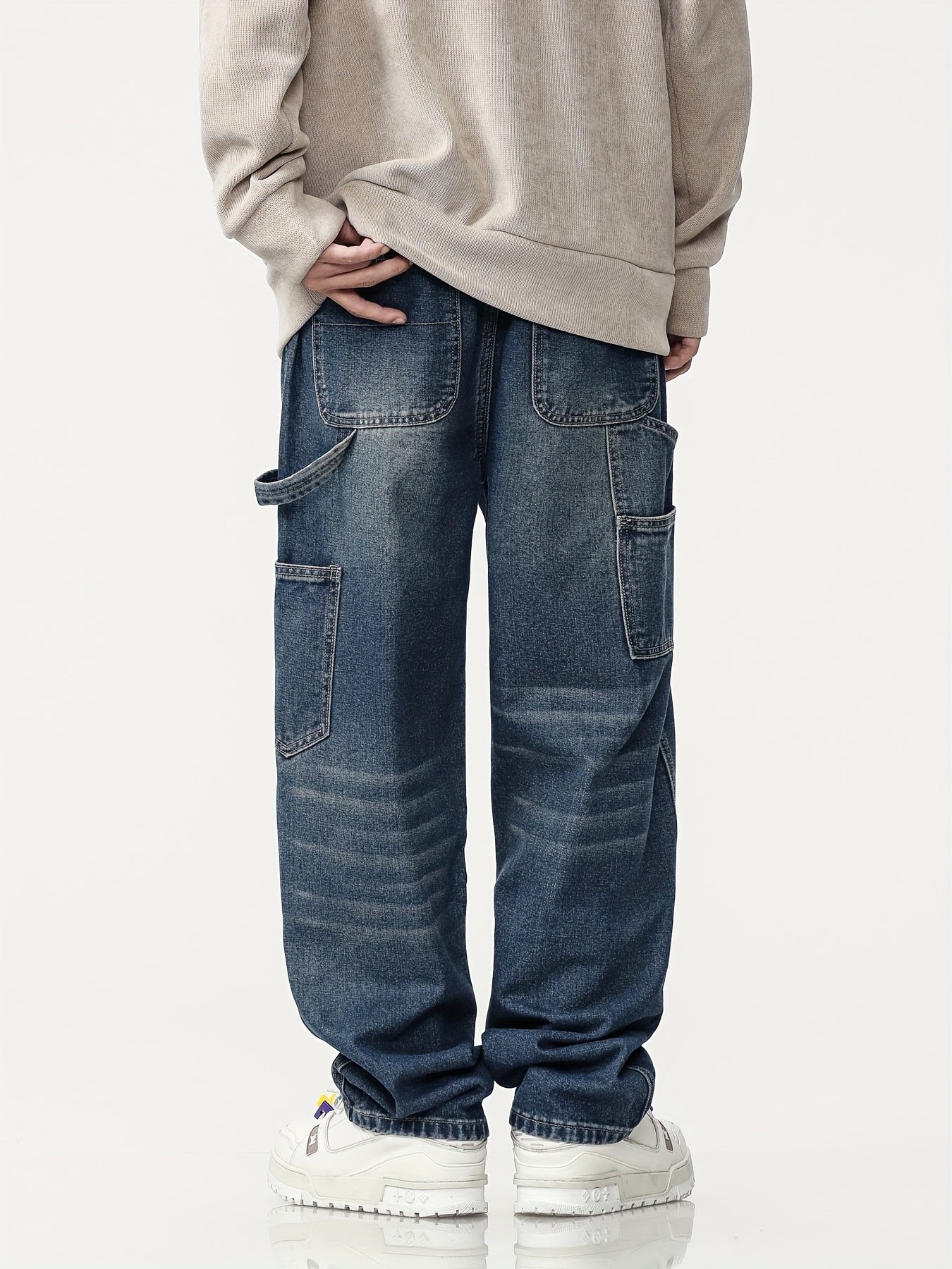 Jeans Workwear Rétro Homme - Large Multi-Poches Bleu Foncé Délavé