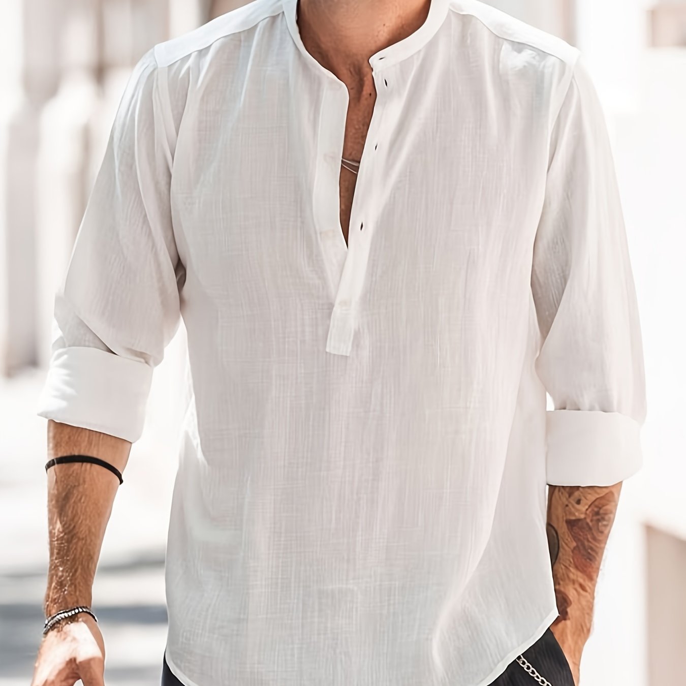 Chemise Henley Col Bateau Homme - Coton Design Classique Manches Longues Vintage