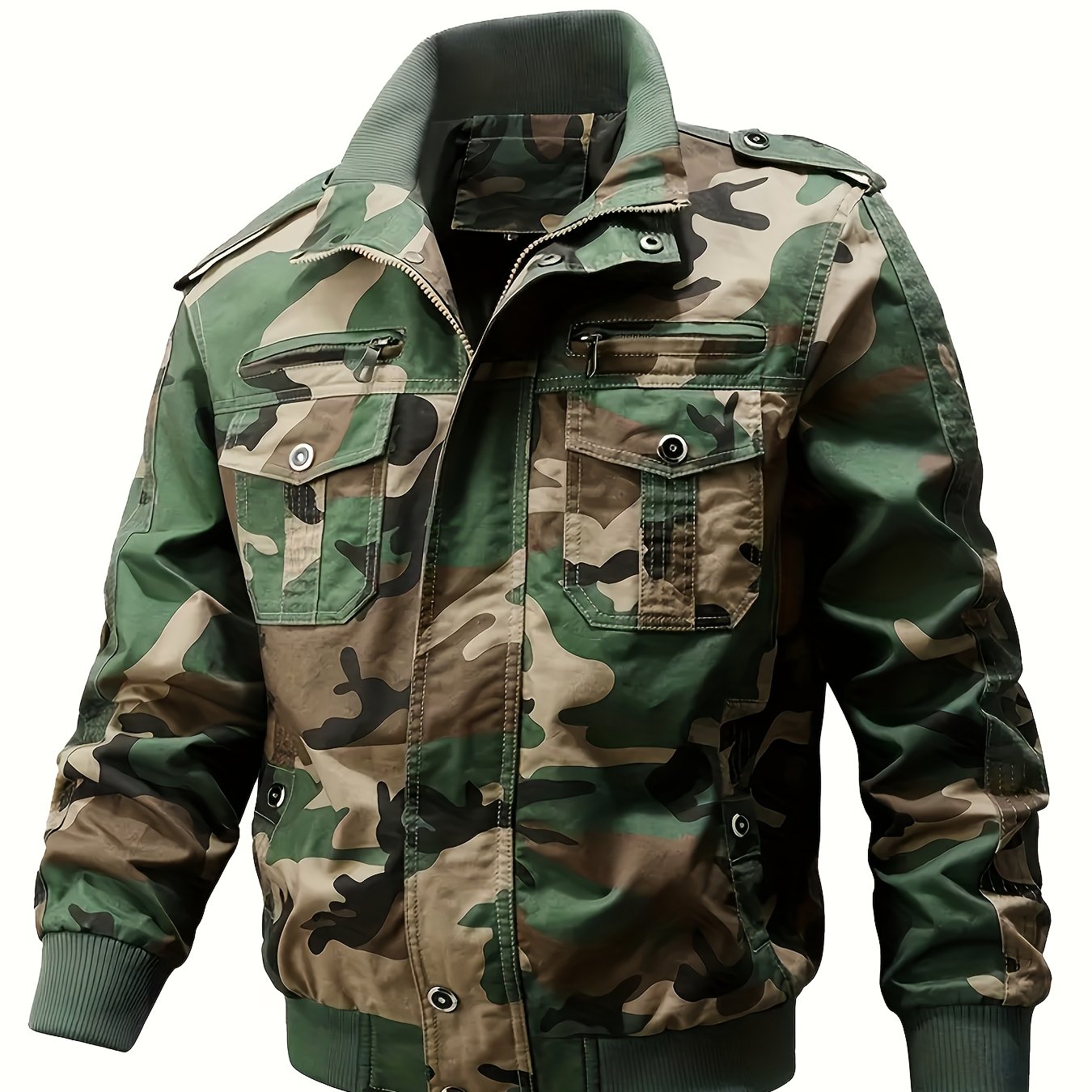 Veste Motard Homme Rétro Multi-Poches - Col Montant Vert Olive Cargo Automne/Hiver Lavable