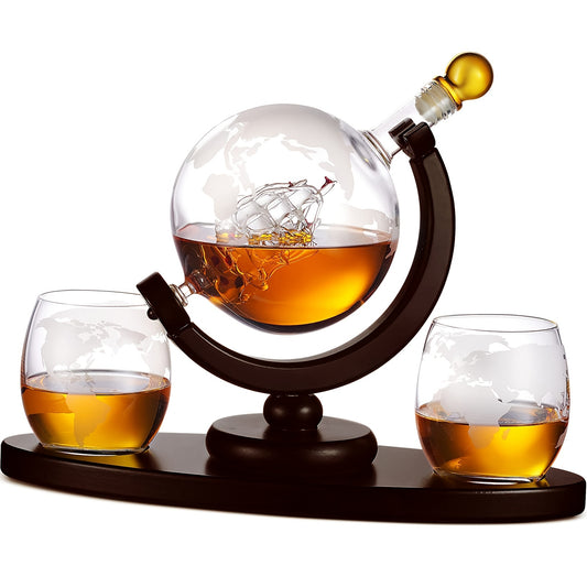 Carafe Whiskey Globe 850ml + 2 Verres - Coffret Cadeau Homme Décoration