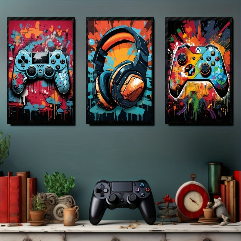 Set 3 Posters Muraux Rétro Gamer - Art Néon Gamepad 43x30cm Décoration Chambre