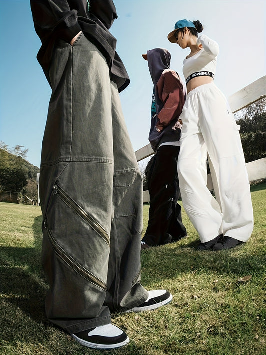 Retro Cotton Cargo Pants for Men & Women - Loose Fit Straight Leg Casual Jeans with Zipper Details, Unisex Vintage Style, Green & Black Denim, Hand Wash Only, Unisex Clothing | Utility Style Pants | Nonstretch Fabric