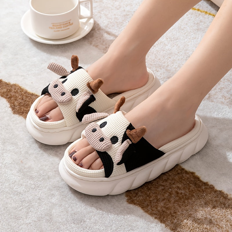 Chaussons Maison Vache Cartoon - Plateforme Semelle Souple Antidérapante Peluche Chaude Femme