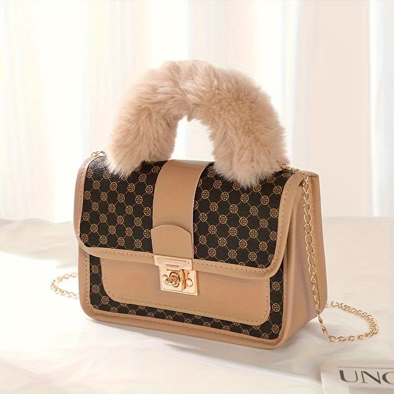 Sac à Bandoulière Vintage Fausse Fourrure - Motif Géométrique Rétro