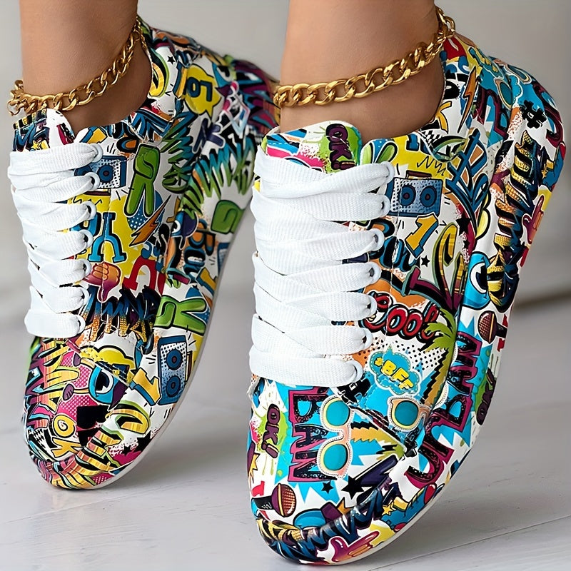 Baskets Graffiti Femme - Chaussures Sport Imprimé Lacets Plateforme Skate