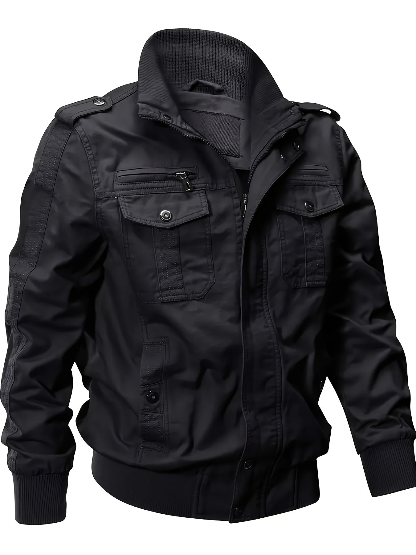 Veste Motard Homme Rétro Multi-Poches - Col Montant Vert Olive Cargo Automne/Hiver Lavable