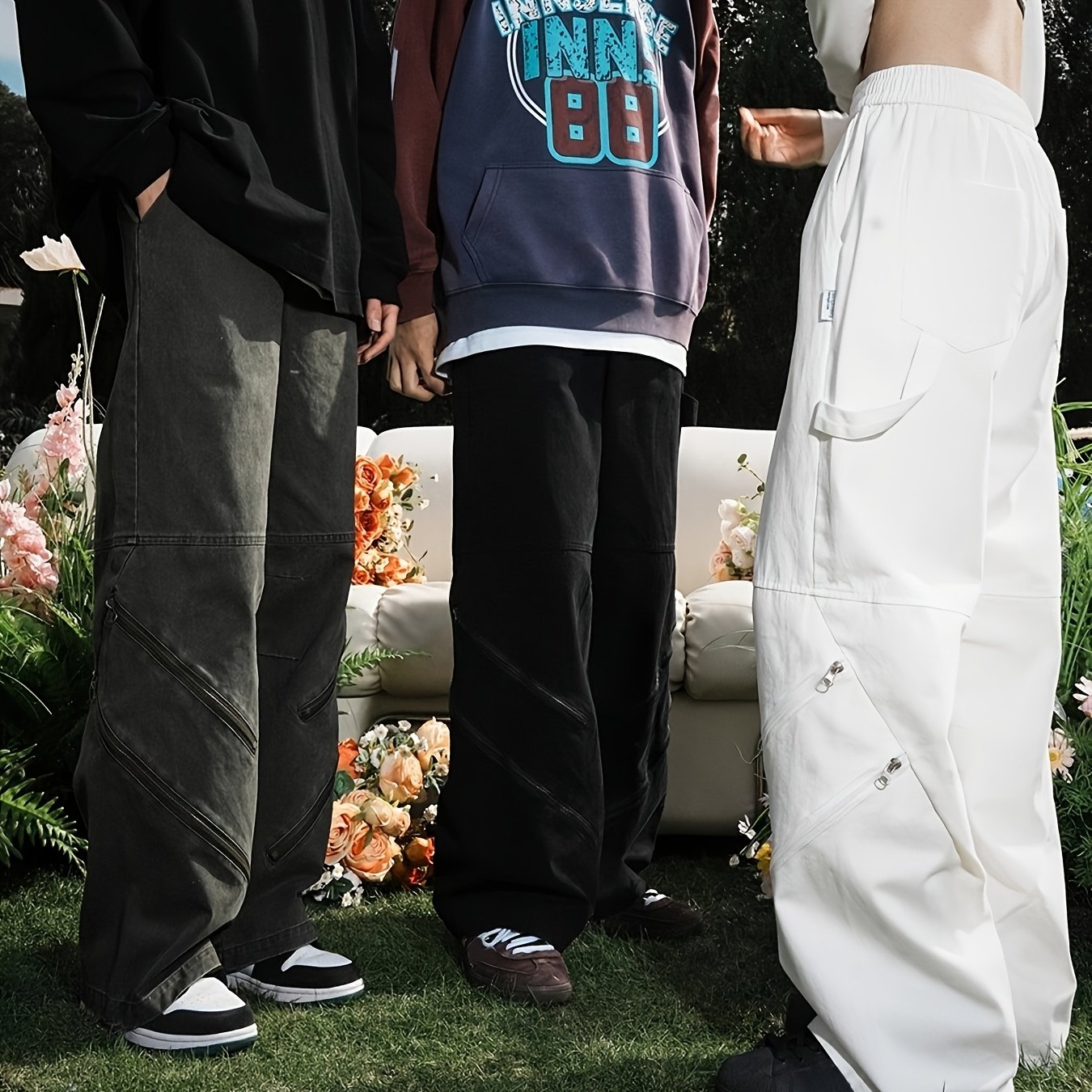 Retro Cotton Cargo Pants for Men & Women - Loose Fit Straight Leg Casual Jeans with Zipper Details, Unisex Vintage Style, Green & Black Denim, Hand Wash Only, Unisex Clothing | Utility Style Pants | Nonstretch Fabric