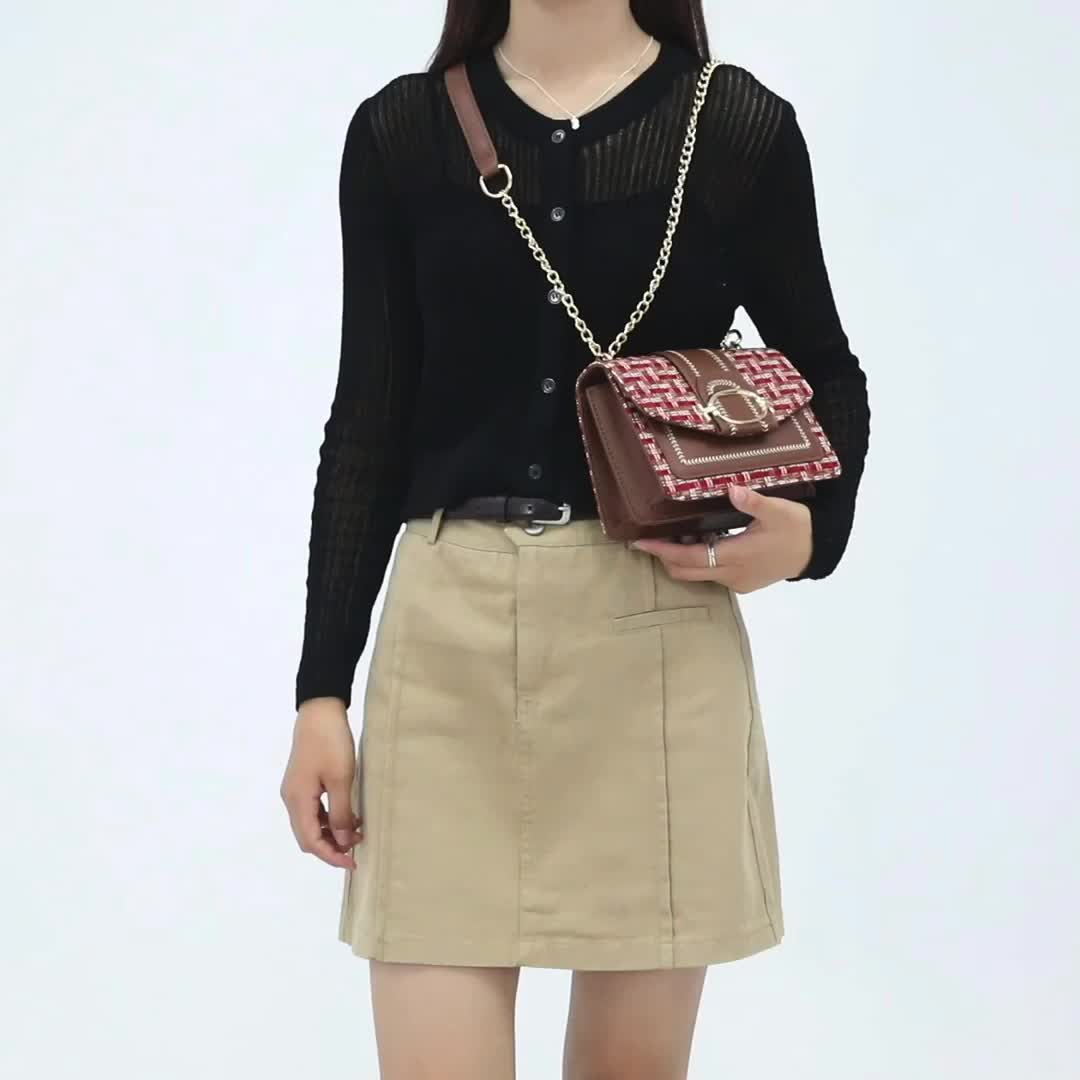 Mini Sac Tweed Carreaux - Bandoulière Chaîne Boucle Décorative Quotidien Femme