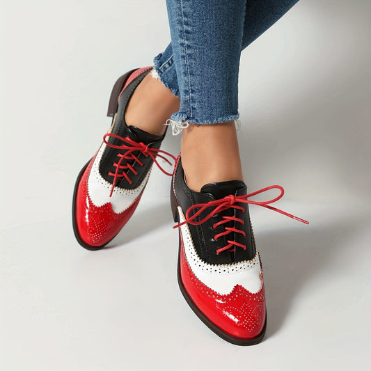 Women's Vintage Oxford Shoes, Contrast Color Brogue Lace-up Chunky Low Heeled Shoes, Casual Retro Style Shoes
