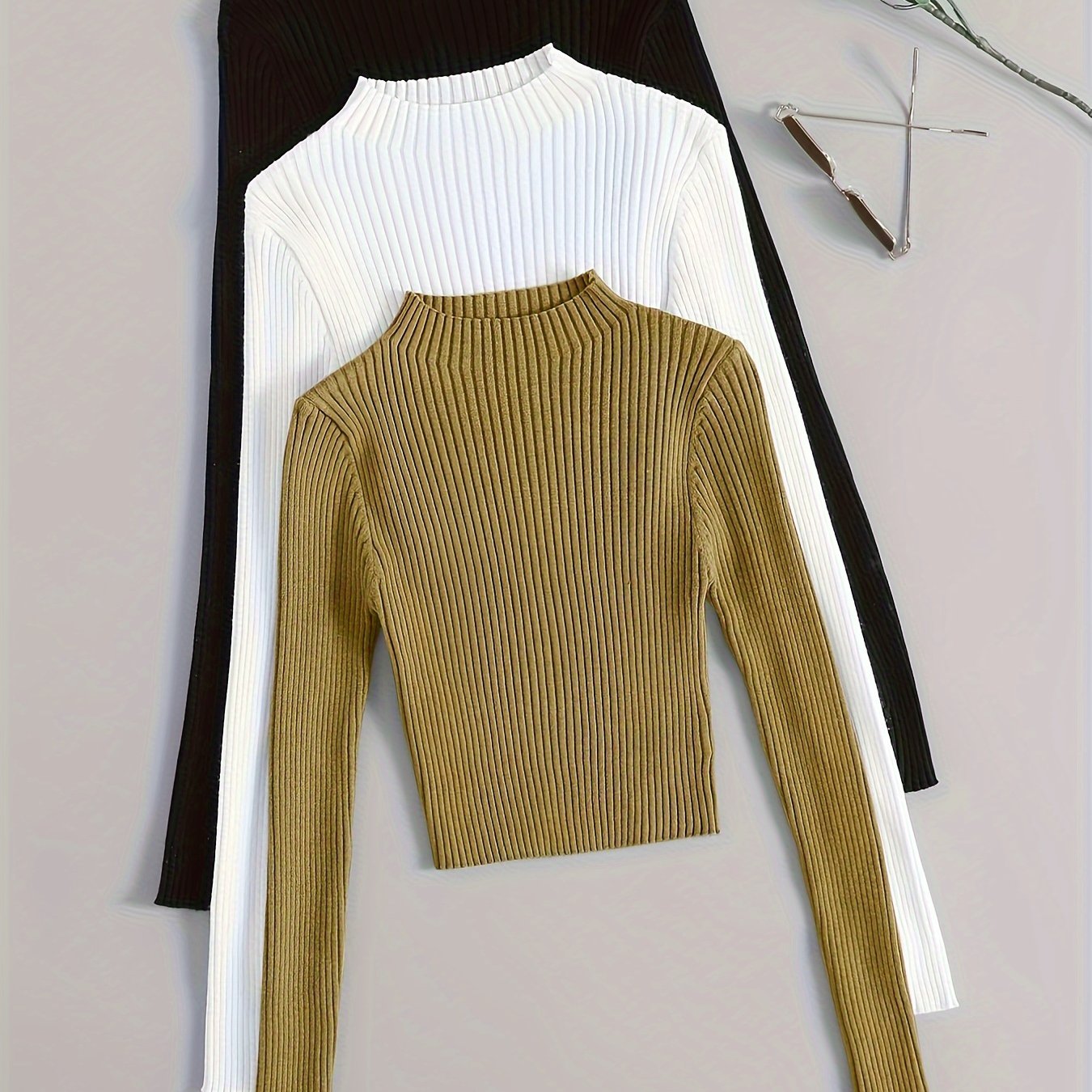 Pack 3 Tops Col Montant Côtelés Femme - Manches Longues Slim Polyvalents Casual