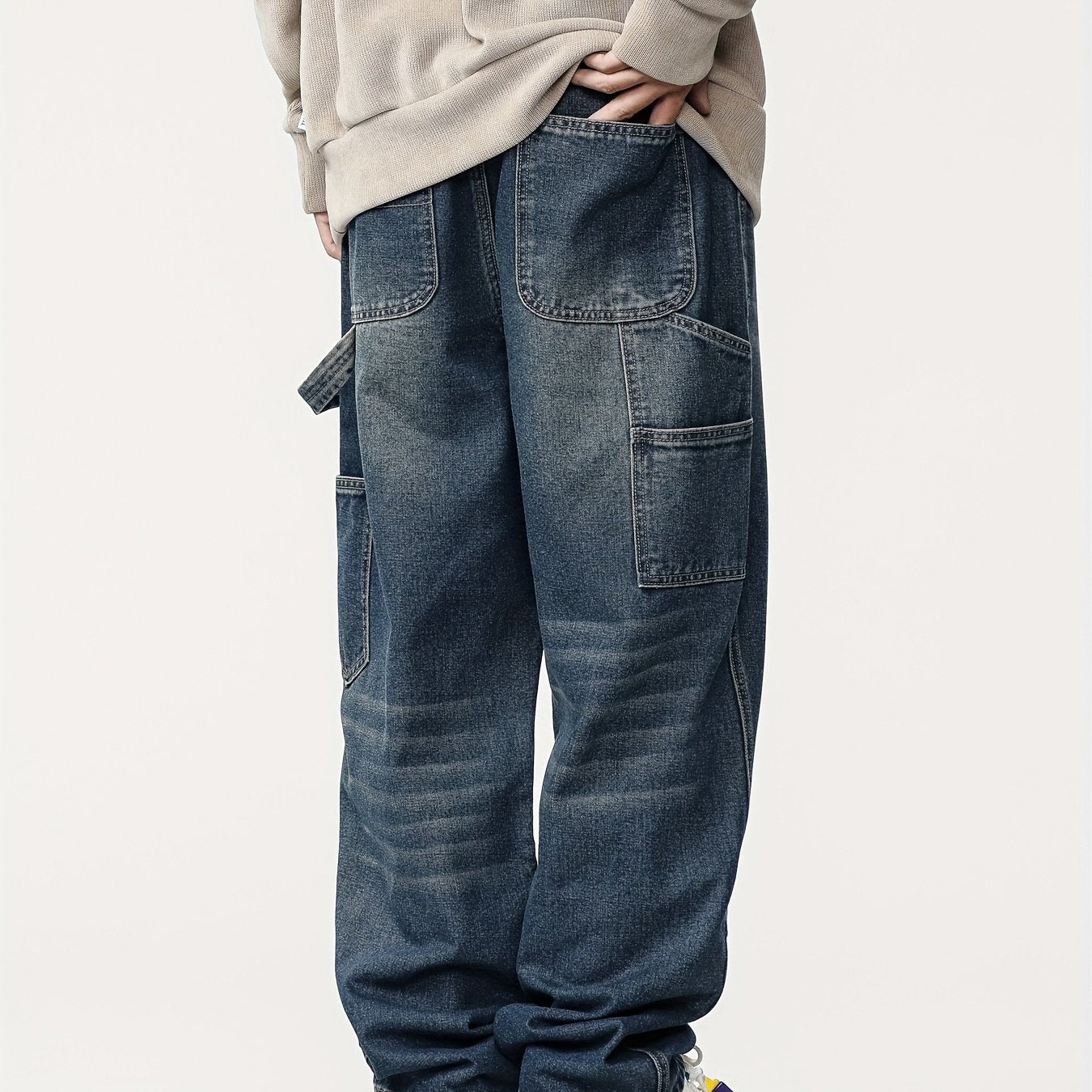 Jeans Workwear Rétro Homme - Large Multi-Poches Bleu Foncé Délavé