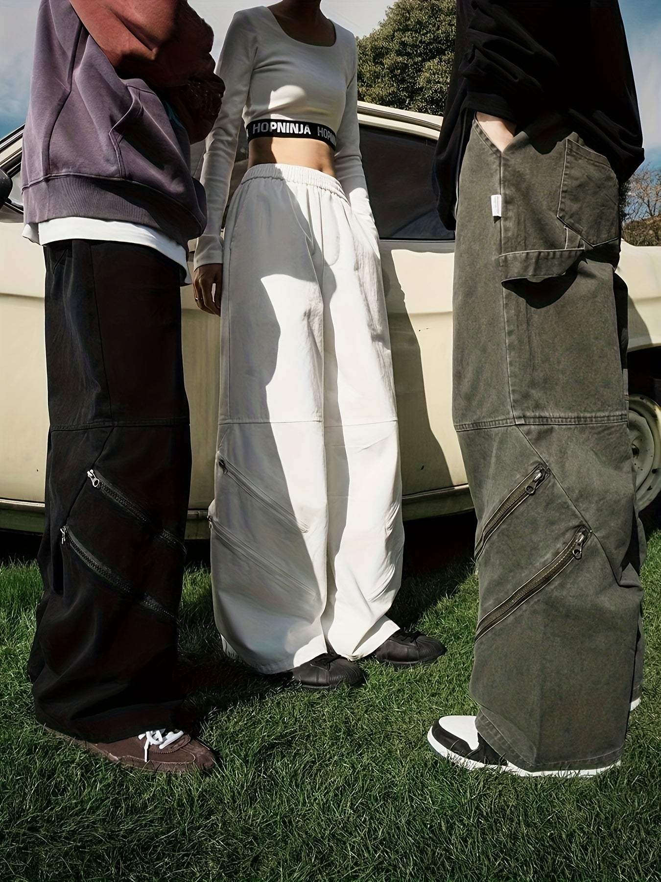 Retro Cotton Cargo Pants for Men & Women - Loose Fit Straight Leg Casual Jeans with Zipper Details, Unisex Vintage Style, Green & Black Denim, Hand Wash Only, Unisex Clothing | Utility Style Pants | Nonstretch Fabric