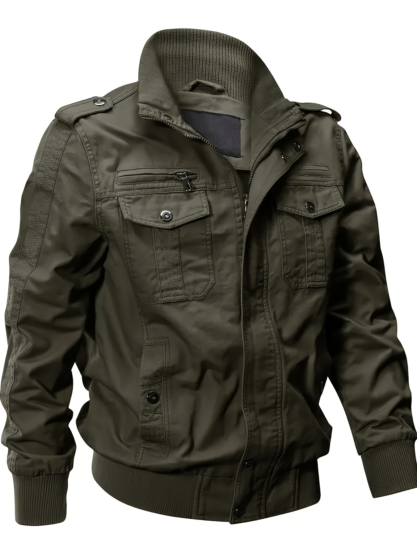 Veste Motard Homme Rétro Multi-Poches - Col Montant Vert Olive Cargo Automne/Hiver Lavable
