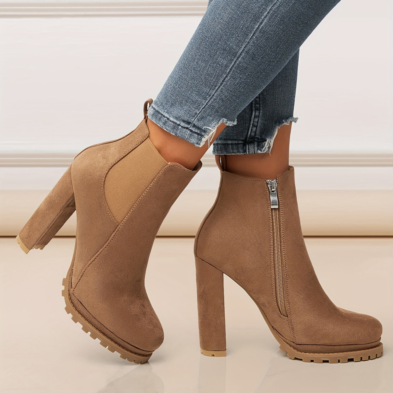 Bottines Bout Rond Fermeture Éclair - Talon Bloc Plateforme Hiver Femme