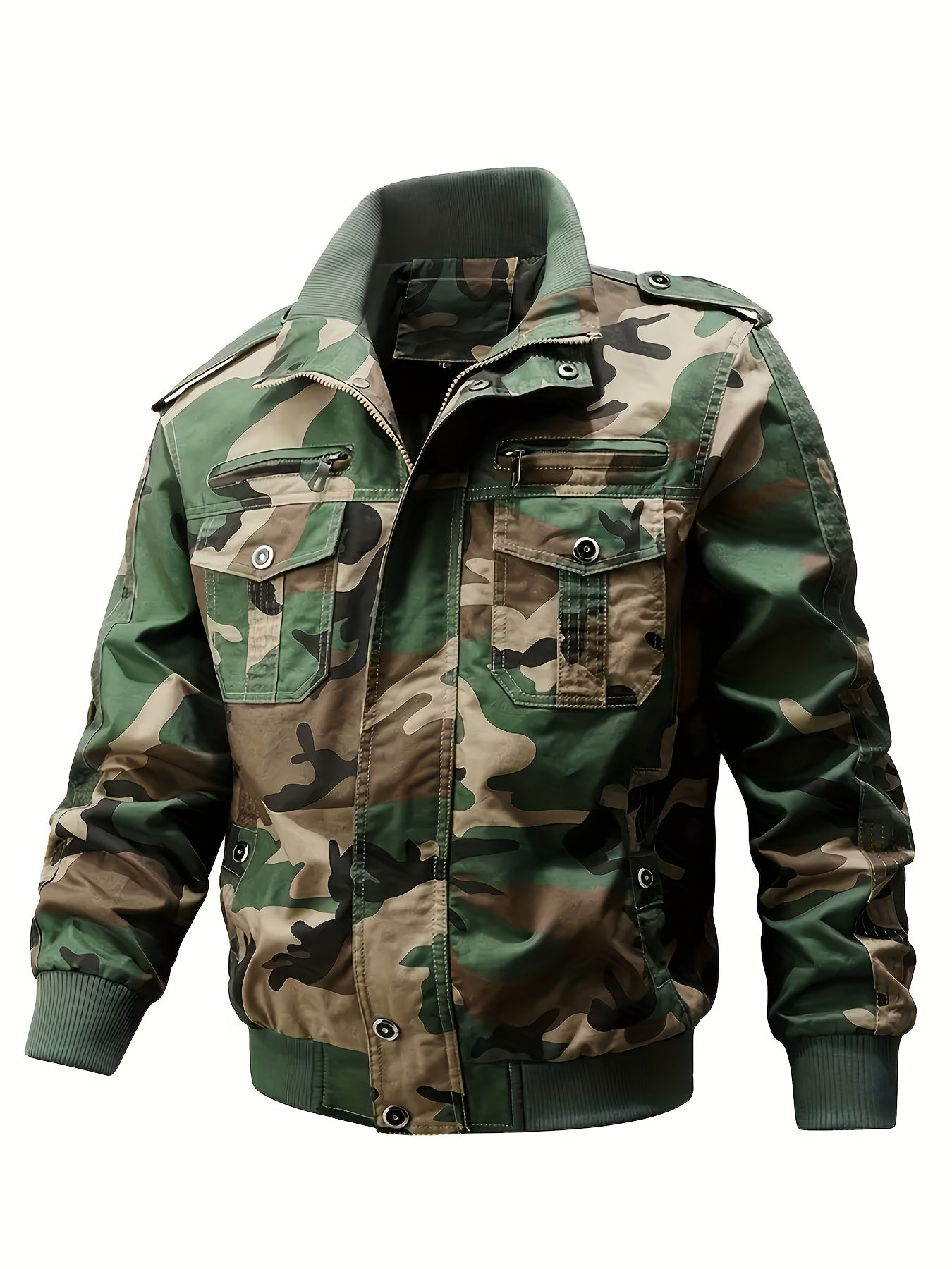 Veste Motard Homme Rétro Multi-Poches - Col Montant Vert Olive Cargo Automne/Hiver Lavable
