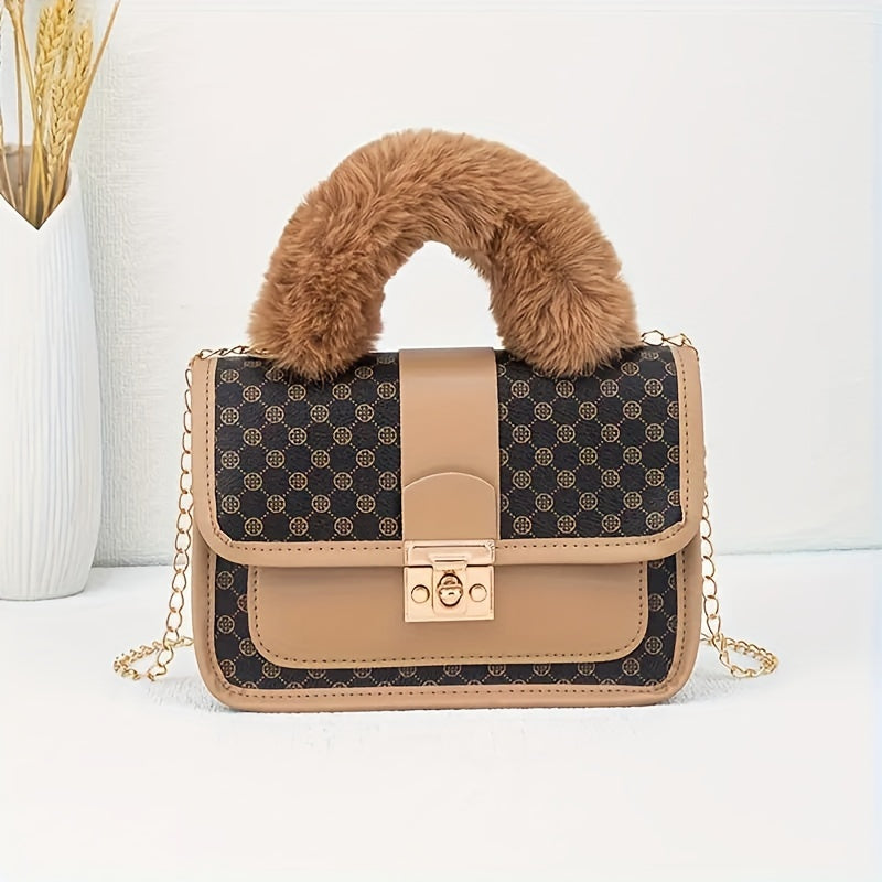 Sac à Bandoulière Vintage Fausse Fourrure - Motif Géométrique Rétro