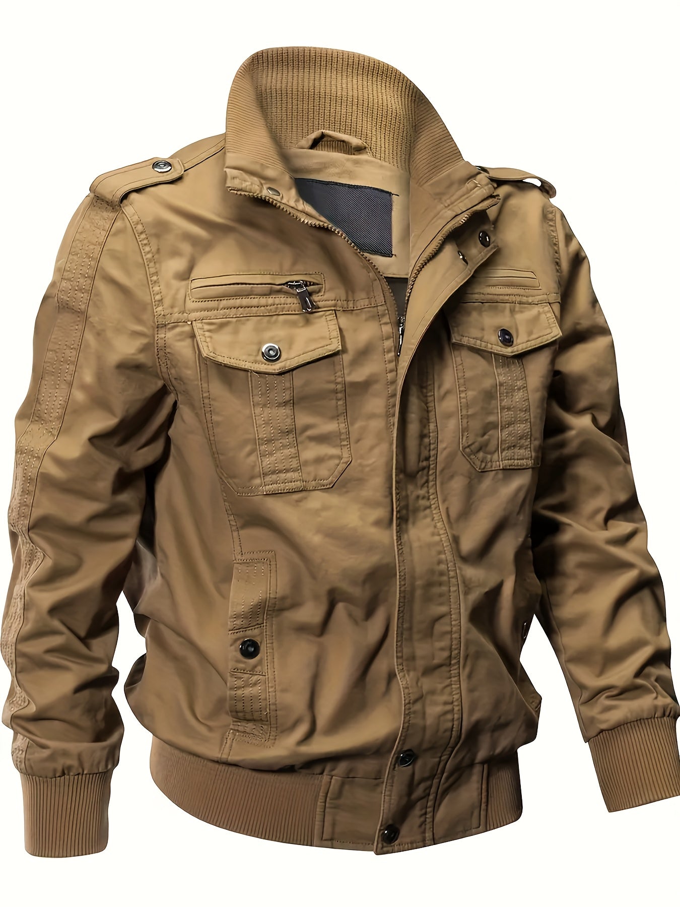 Veste Motard Homme Rétro Multi-Poches - Col Montant Vert Olive Cargo Automne/Hiver Lavable