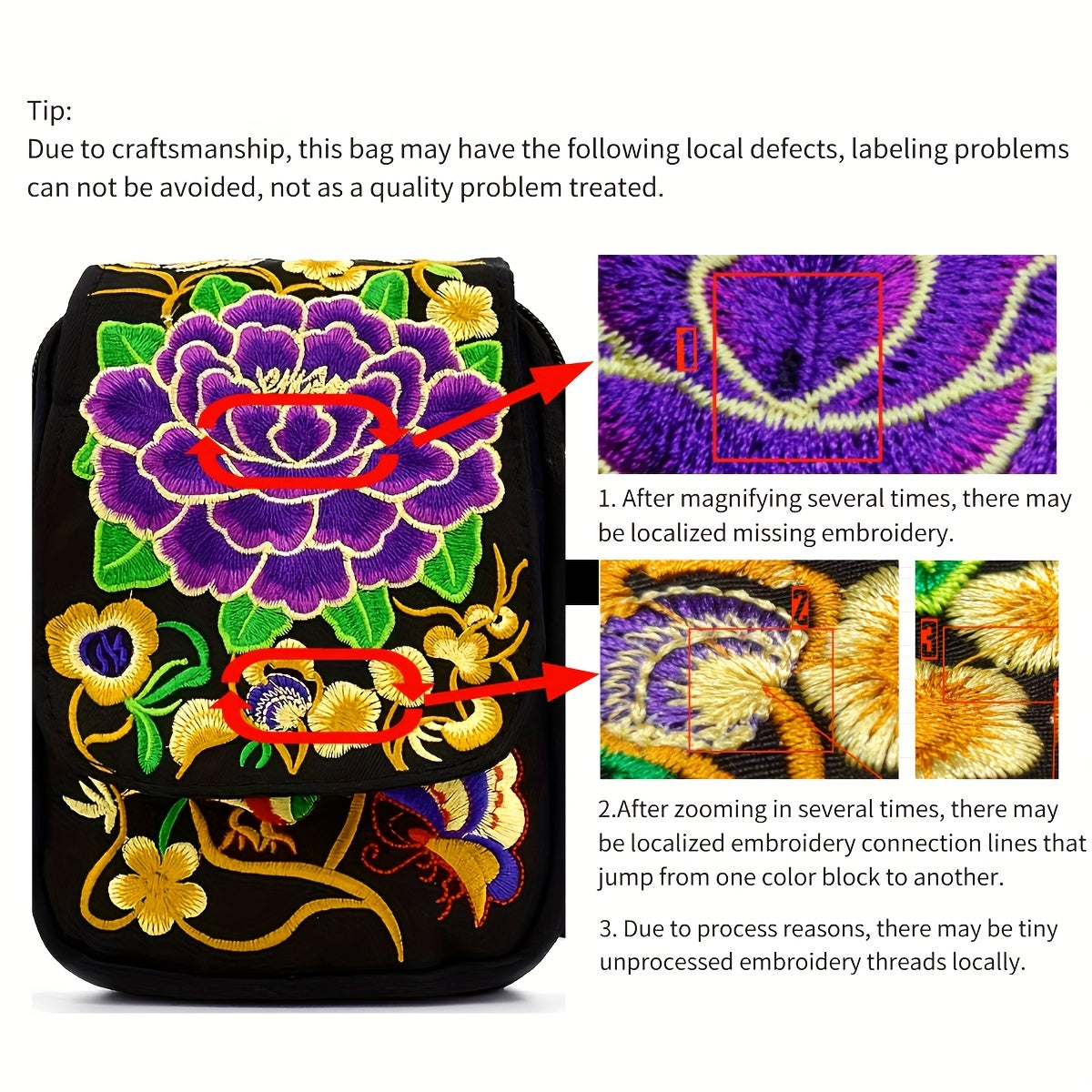 Sac Bandoulière Brodé Femme - Mini Sac Épaule Léger Motif Floral Géométrique Fermeture Éclair