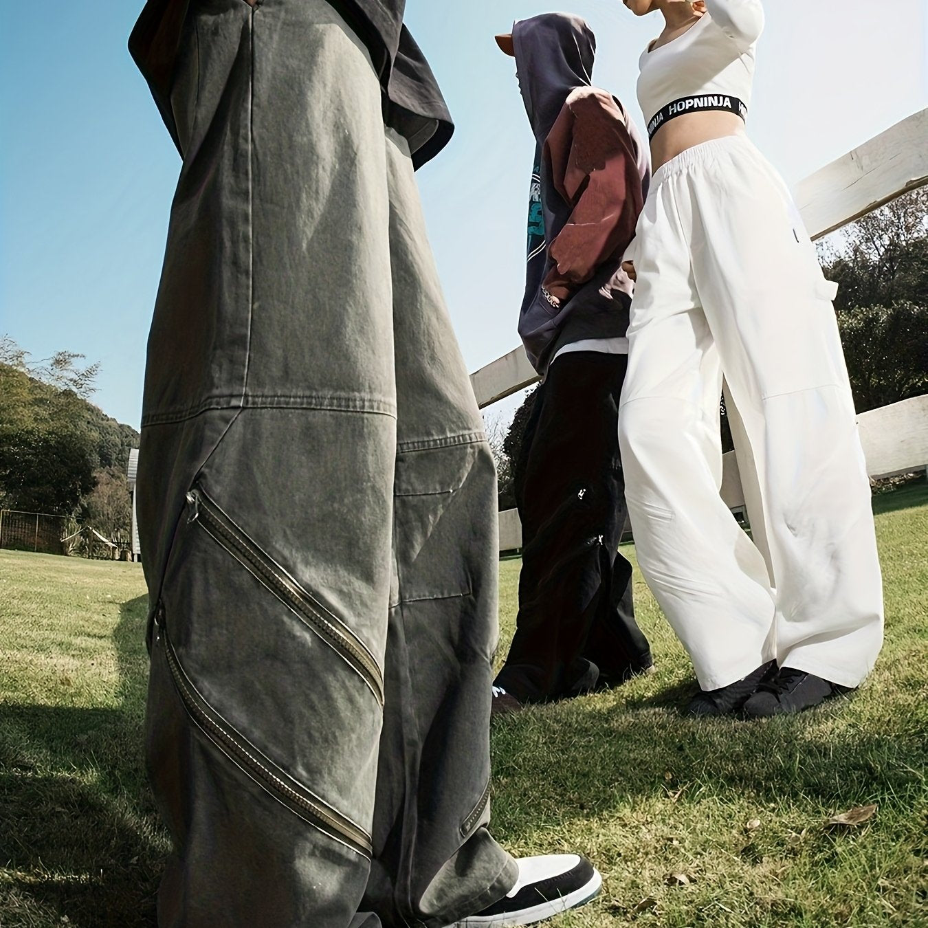 Retro Cotton Cargo Pants for Men & Women - Loose Fit Straight Leg Casual Jeans with Zipper Details, Unisex Vintage Style, Green & Black Denim, Hand Wash Only, Unisex Clothing | Utility Style Pants | Nonstretch Fabric