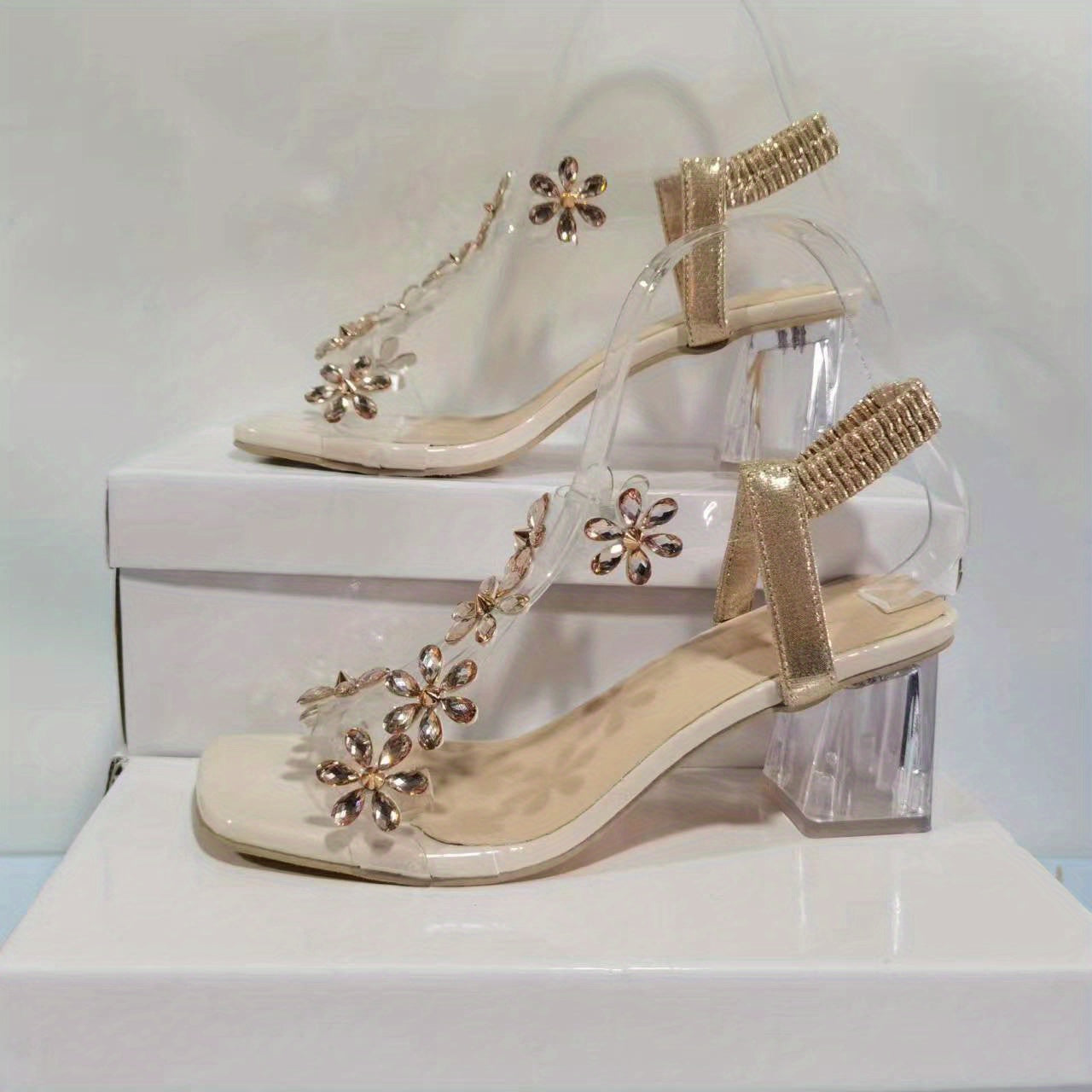 Sandales Talon Chunky Femme - Fleur Strass Bout Carré Bride Élastique Mi-Hauteur