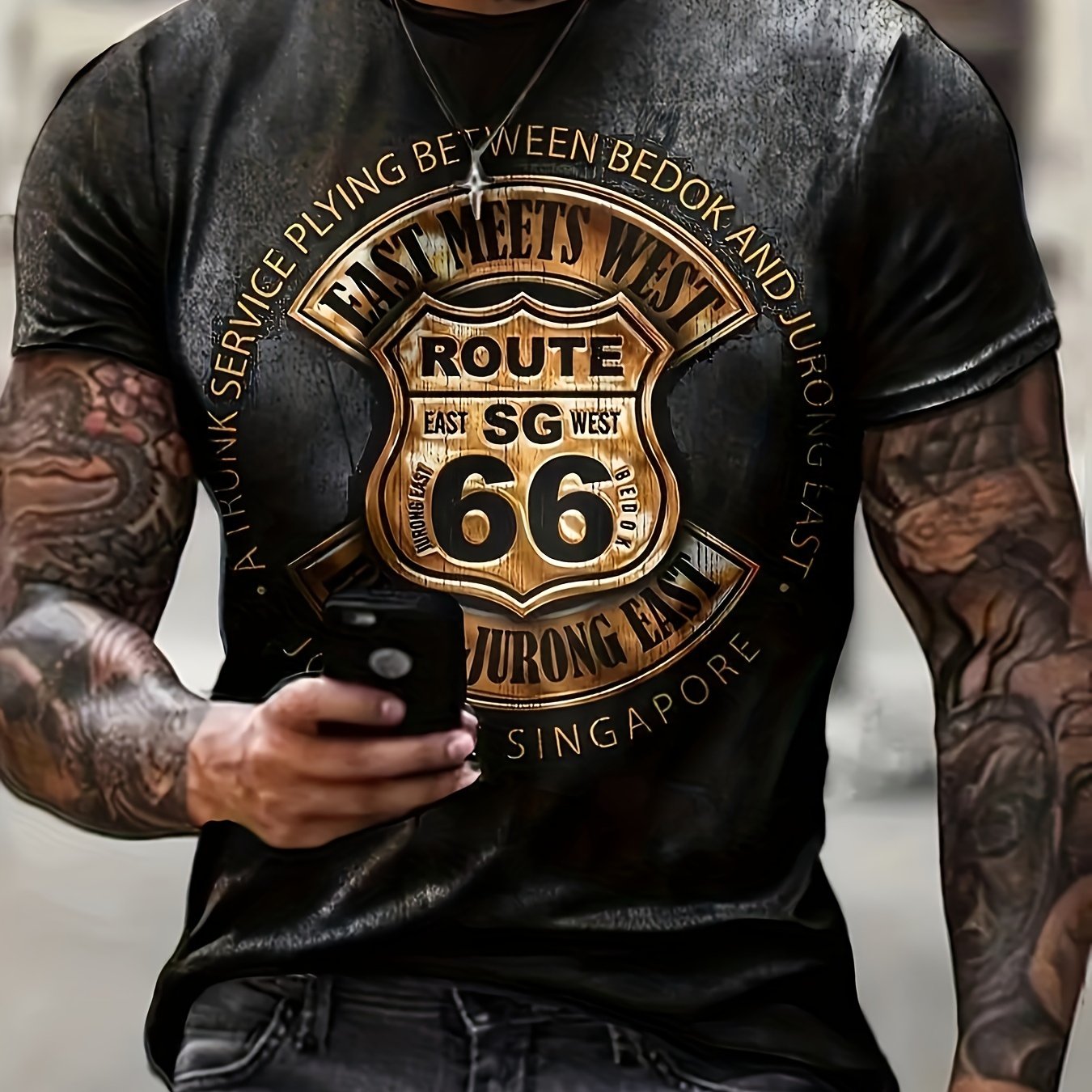 Men's Retro Route 66 Print T-Shirt, Casual Short-Sleeve, Summer Streetwear, Polyester, Round Neck, Regular Fit, Unisex, Digital Print, Outdoor Fashion