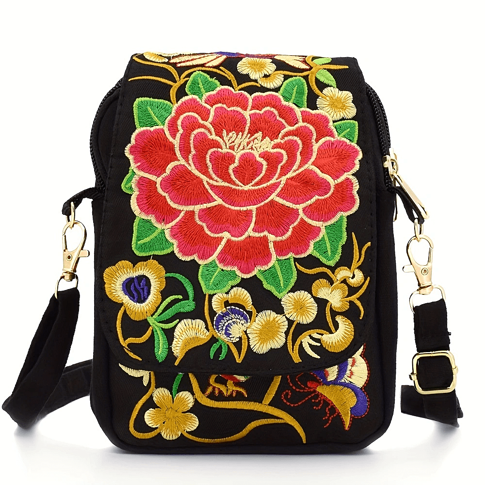 Sac Bandoulière Brodé Femme - Mini Sac Épaule Léger Motif Floral Géométrique Fermeture Éclair