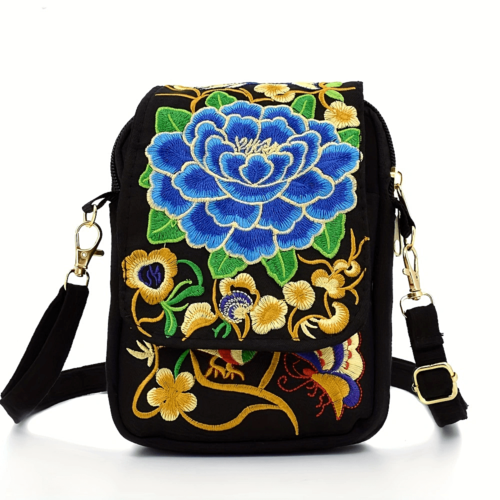Sac Bandoulière Brodé Femme - Mini Sac Épaule Léger Motif Floral Géométrique Fermeture Éclair