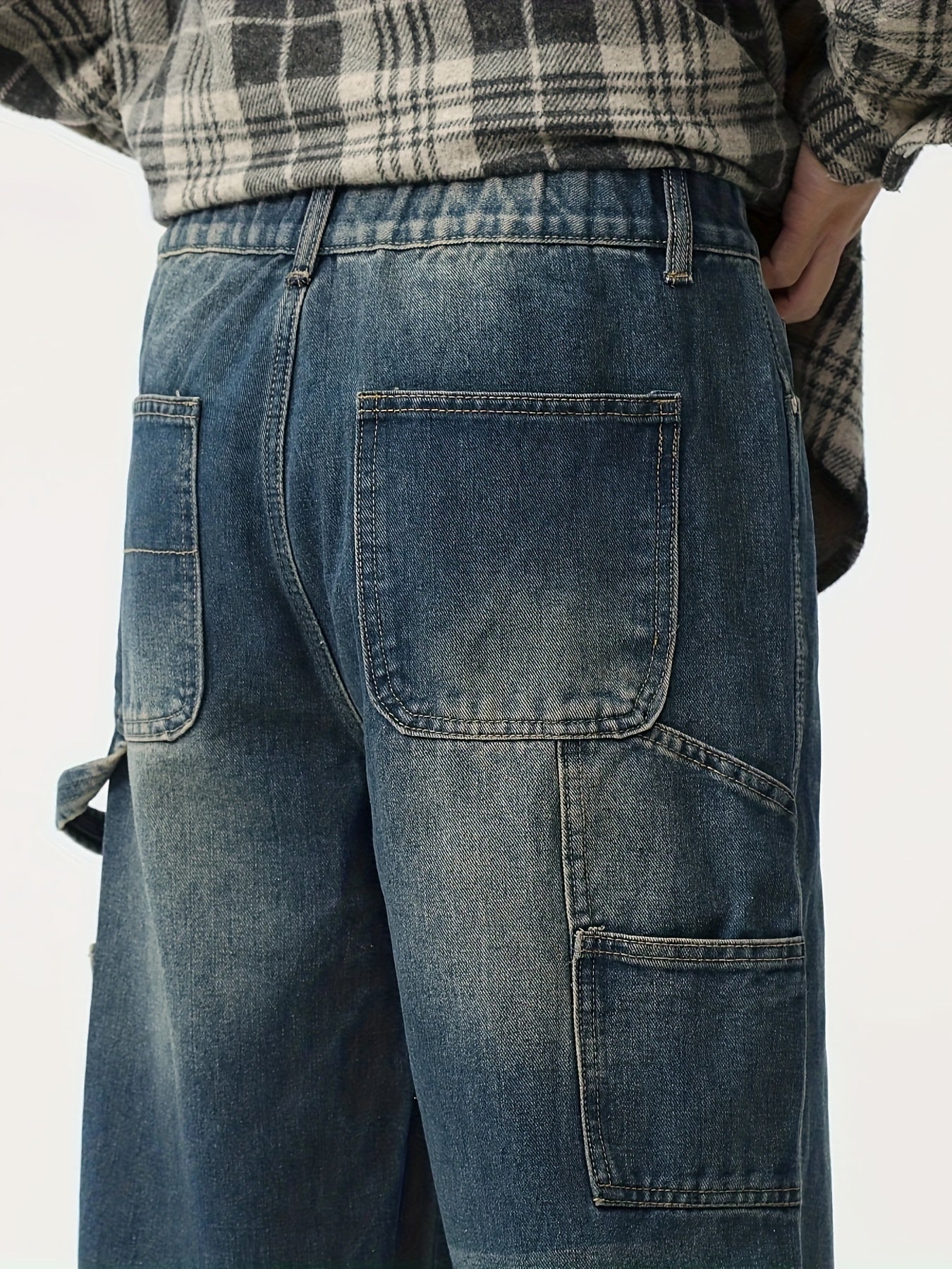 Jeans Workwear Rétro Homme - Large Multi-Poches Bleu Foncé Délavé