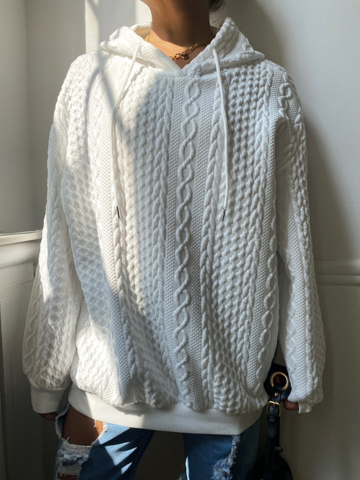 Sweat Capuche Grande Taille Femme - Côtelé Uni Manches Longues Cordon Casual