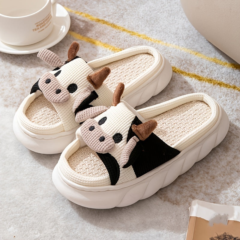 Chaussons Maison Vache Cartoon - Plateforme Semelle Souple Antidérapante Peluche Chaude Femme