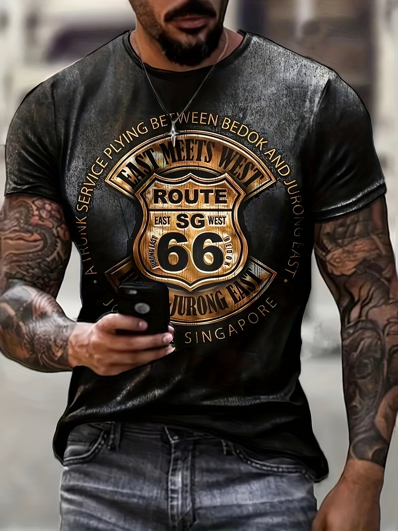 Men's Retro Route 66 Print T-Shirt, Casual Short-Sleeve, Summer Streetwear, Polyester, Round Neck, Regular Fit, Unisex, Digital Print, Outdoor Fashion