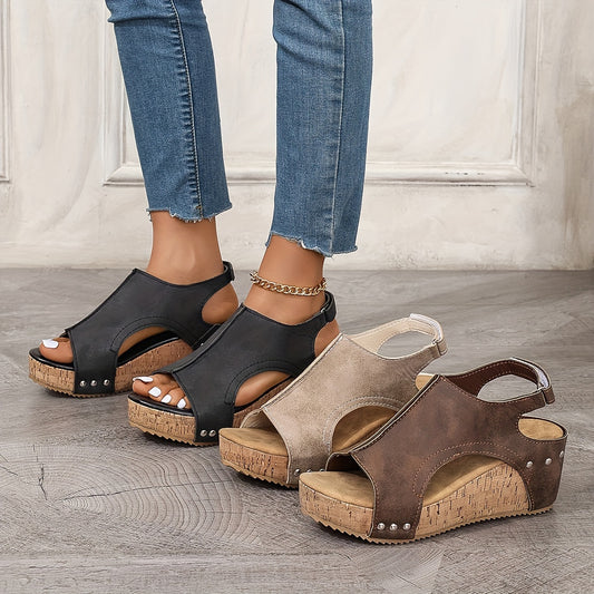 Women's Retro Wedge Sandals, Peep Toe Buckle Strap Slingback Platform Shoes, Casual Summer Outside Sandals