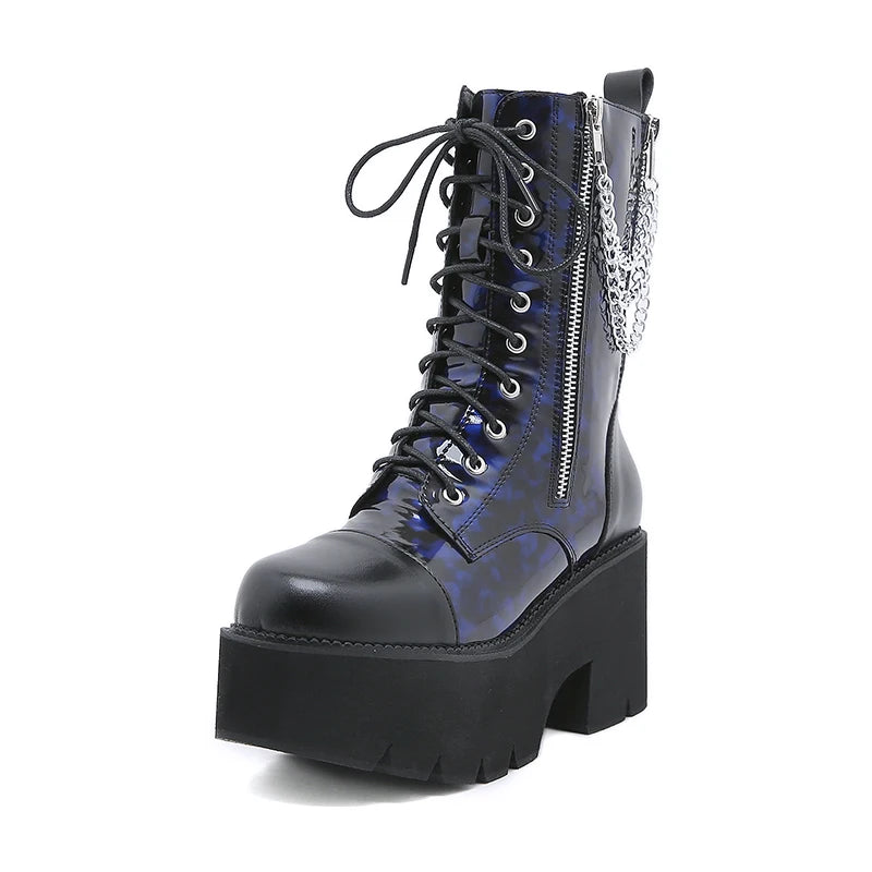 Bottes Combat Gothiques Bleues Plateforme - Chaînes Métal Cosplay Rave