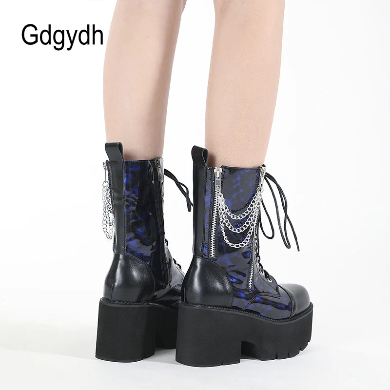 Bottes Combat Gothiques Bleues Plateforme - Chaînes Métal Cosplay Rave