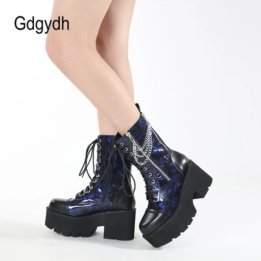 Bottes Combat Gothiques Bleues Plateforme - Chaînes Métal Cosplay Rave