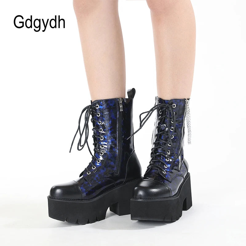 Bottes Combat Gothiques Bleues Plateforme - Chaînes Métal Cosplay Rave