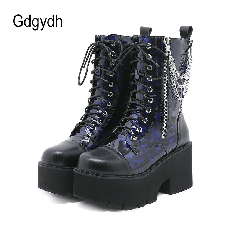Bottes Combat Gothiques Bleues Plateforme - Chaînes Métal Cosplay Rave