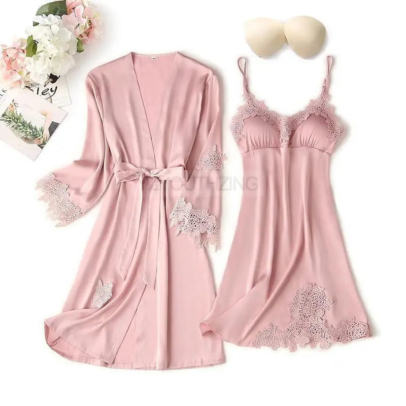 Pyjama Satin Dentelle Femme Été - Ensemble Nuit Kimono Robe Pantalon Élégant