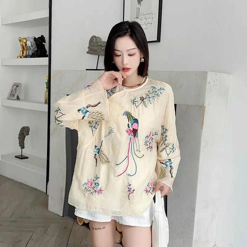Blouse Chinoise Brodée Femme - Style Rétro Élégant Ample