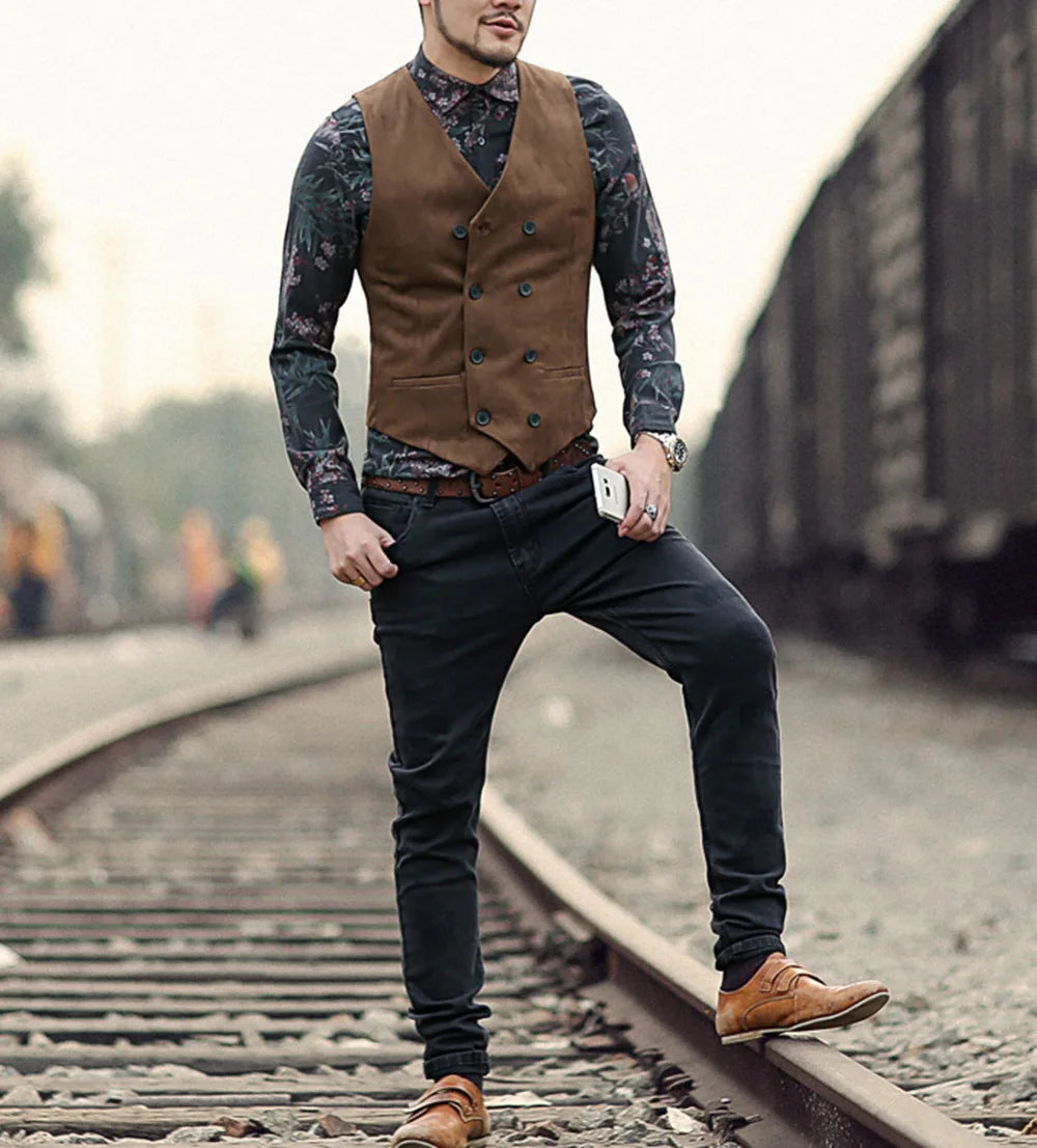 Gilet Costume Homme Col V Laine - Double Boutonnage Cintrée Mariage