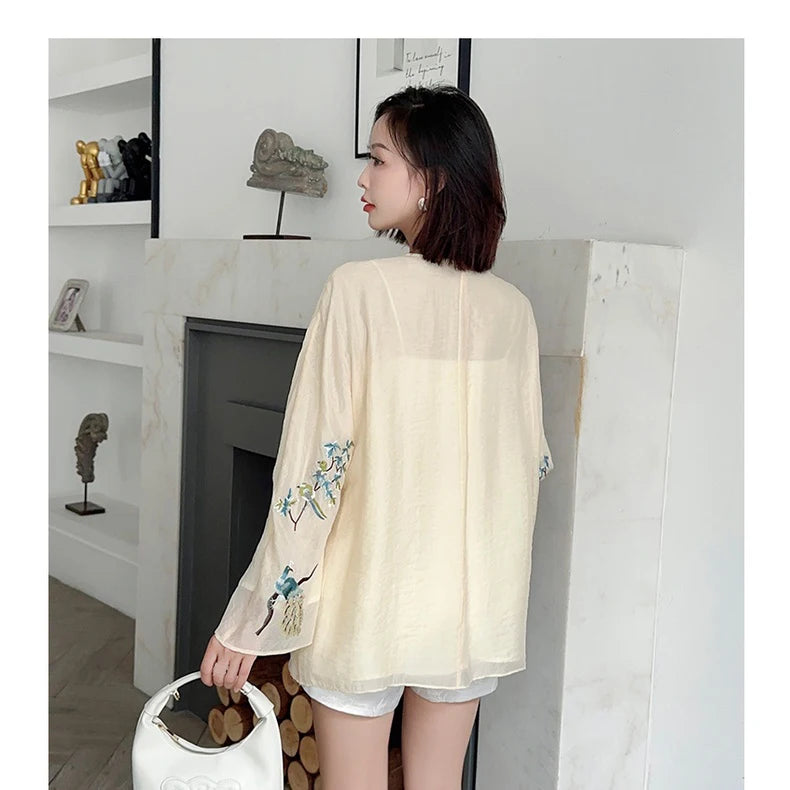 Blouse Chinoise Brodée Femme - Style Rétro Élégant Ample