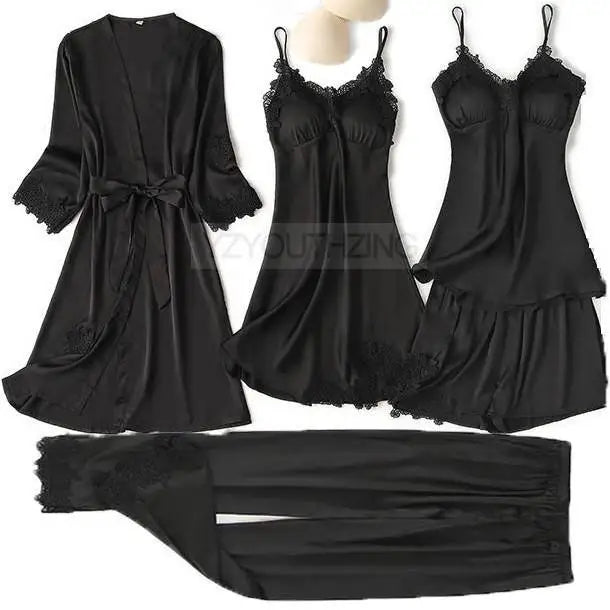 Pyjama Satin Dentelle Femme Été - Ensemble Nuit Kimono Robe Pantalon Élégant