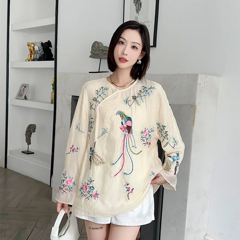 Blouse Chinoise Brodée Femme - Style Rétro Élégant Ample