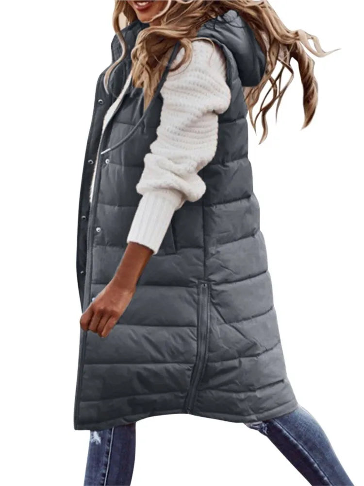 Gilet Femme à Capuche Coton Rembourré - Cardigan Mi-Long Hiver Ajusté