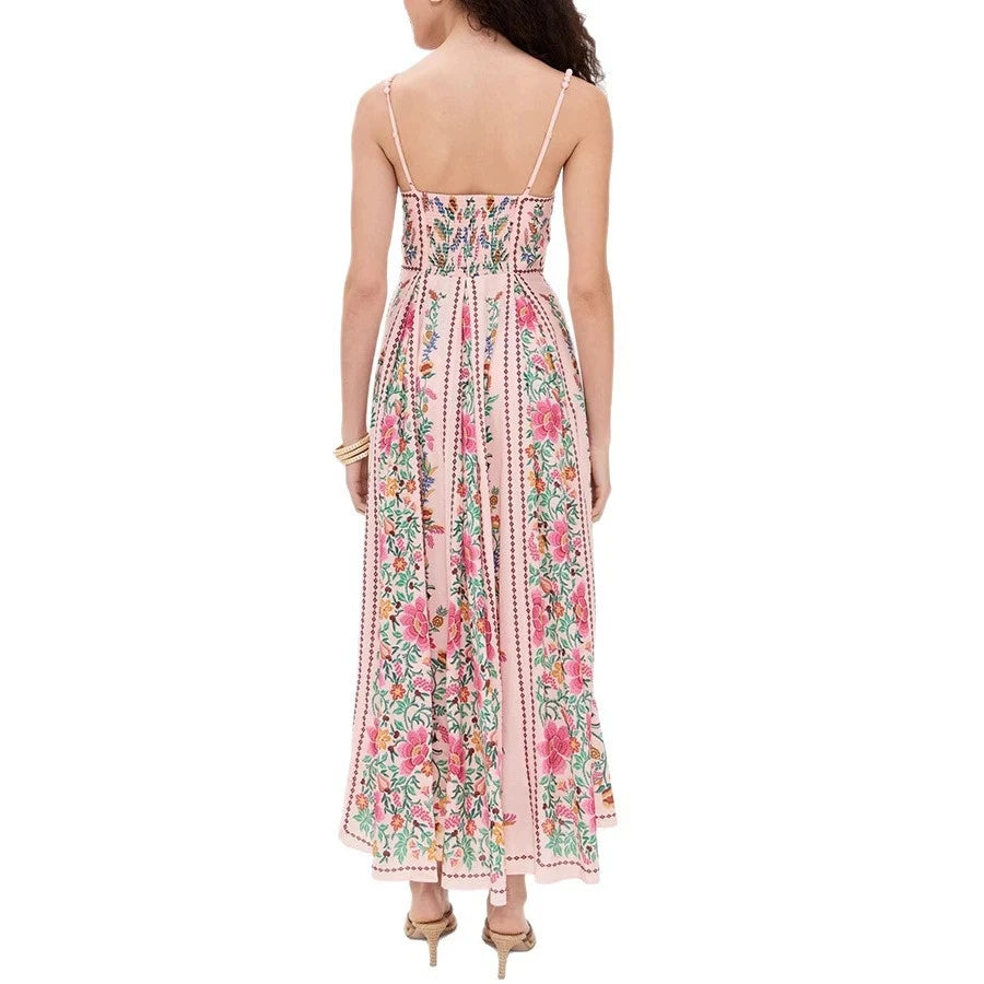 Robe Lin Floral Dos Nu - Longue Taille Haute Banquet Vacances Été