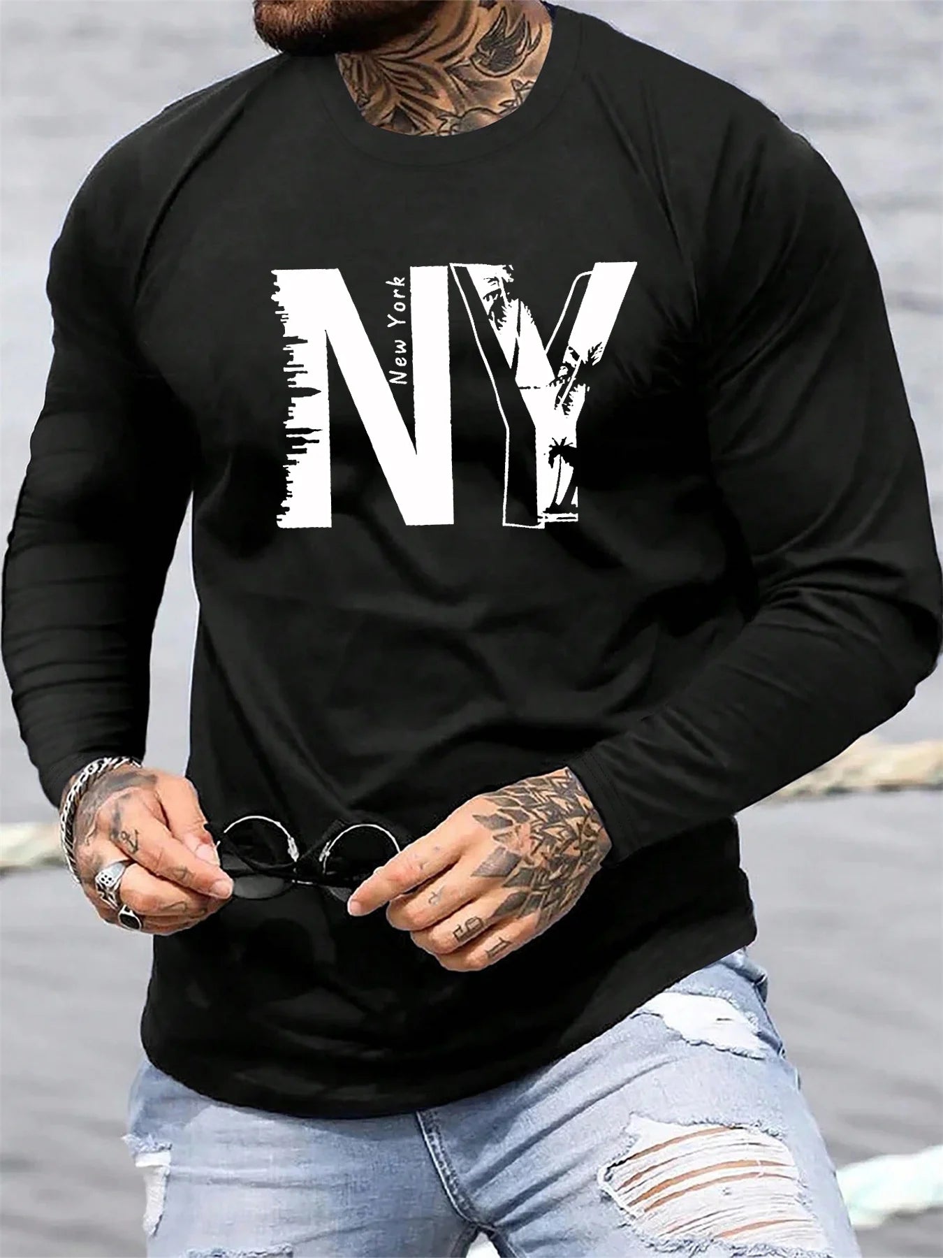 T-Shirt Homme New York NY Manches Longues - 100% Coton Col Rond Ample Grande Taille